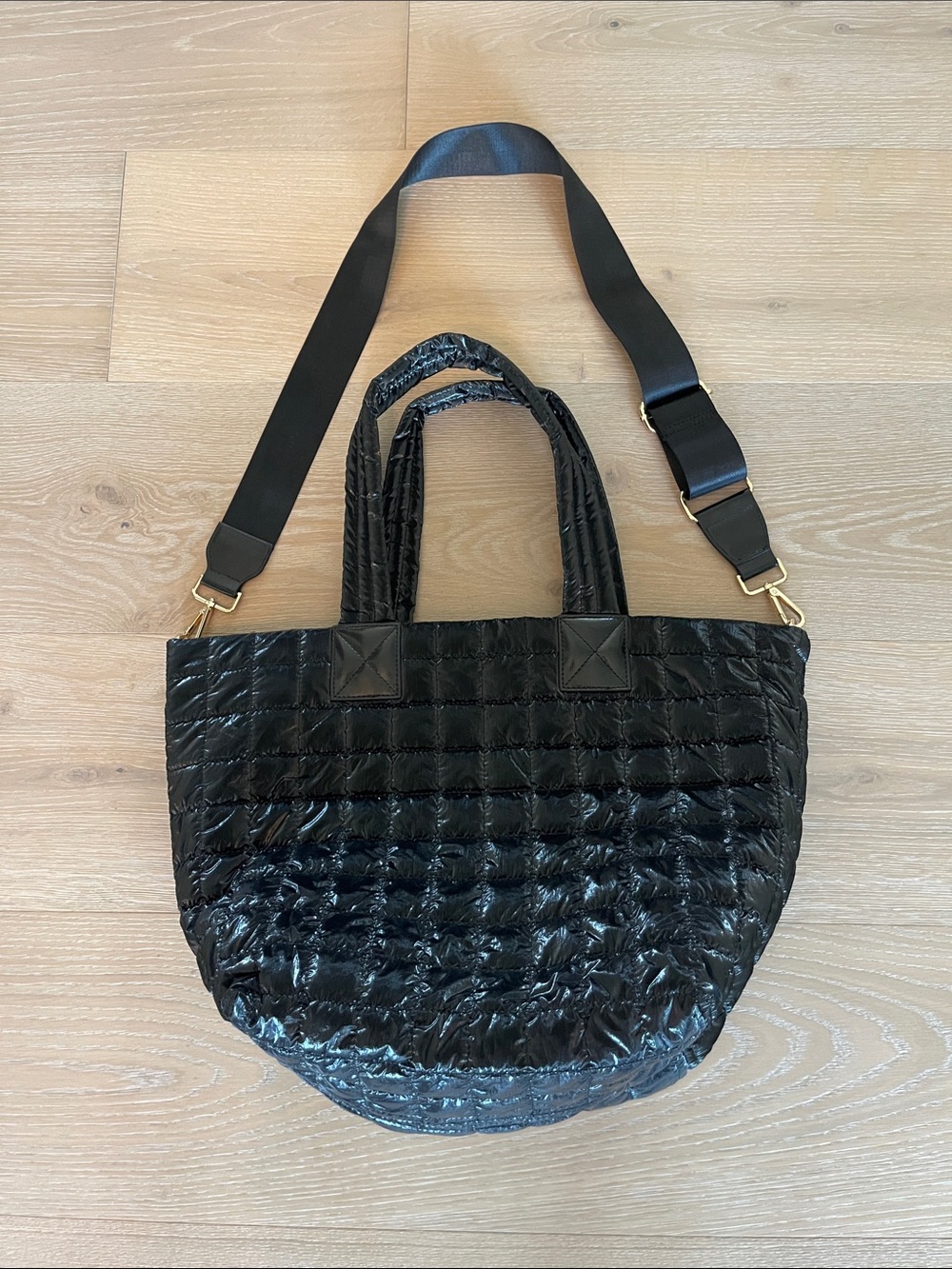 Black Quilted Tote Bag with Detachable Shoulder Strap